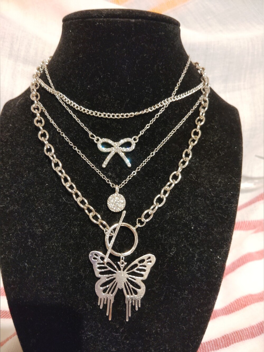 Silvertone Necklace Bundle Of 3. Butterfly Necklace. Ribbon Necklace Lot